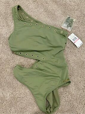 Michael Kors Olive Green One-Shoulder Grommet One-Piece Swimsuit
